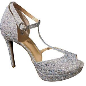 Thalia Sodi Chace Rhinestone Peep Toe Pumps Silver/Iridescent Heels, Size‎ 8.5